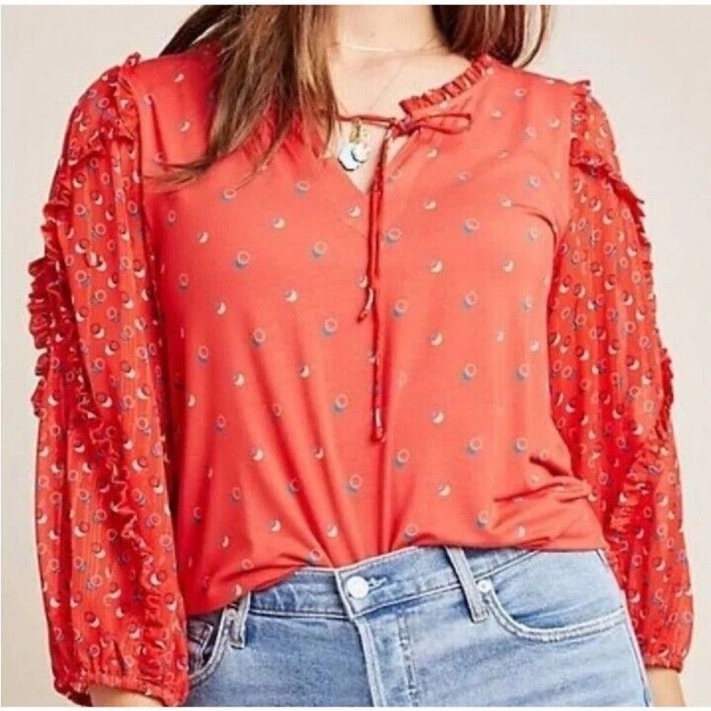 Anthropologie Maeve Red Jacquine Polka Dot Blouse